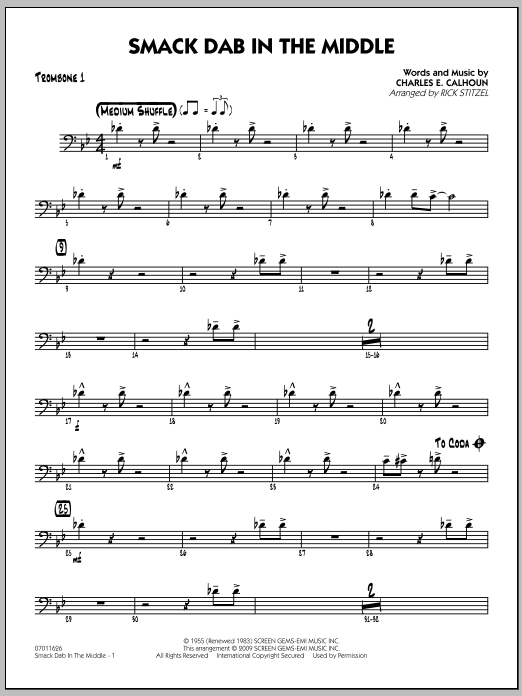 Download Rick Stitzel Smack Dab In The Middle - Trombone 1 Sheet Music and learn how to play Jazz Ensemble PDF digital score in minutes