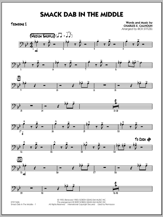Download Rick Stitzel Smack Dab In The Middle - Trombone 2 Sheet Music and learn how to play Jazz Ensemble PDF digital score in minutes