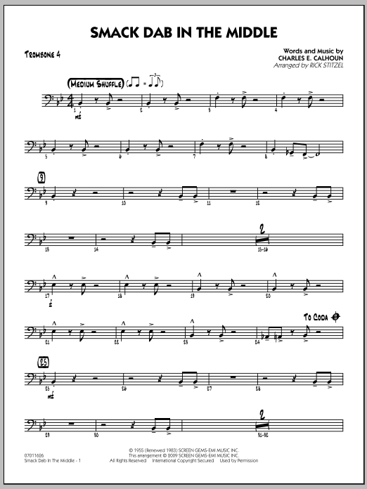 Download Rick Stitzel Smack Dab In The Middle - Trombone 4 Sheet Music and learn how to play Jazz Ensemble PDF digital score in minutes