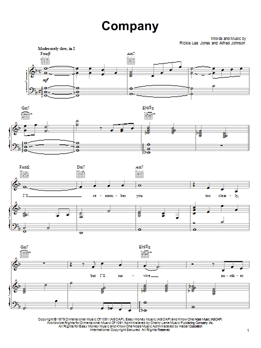 Download Rickie Lee Jones Company Sheet Music and learn how to play Piano, Vocal & Guitar (Right-Hand Melody) PDF digital score in minutes