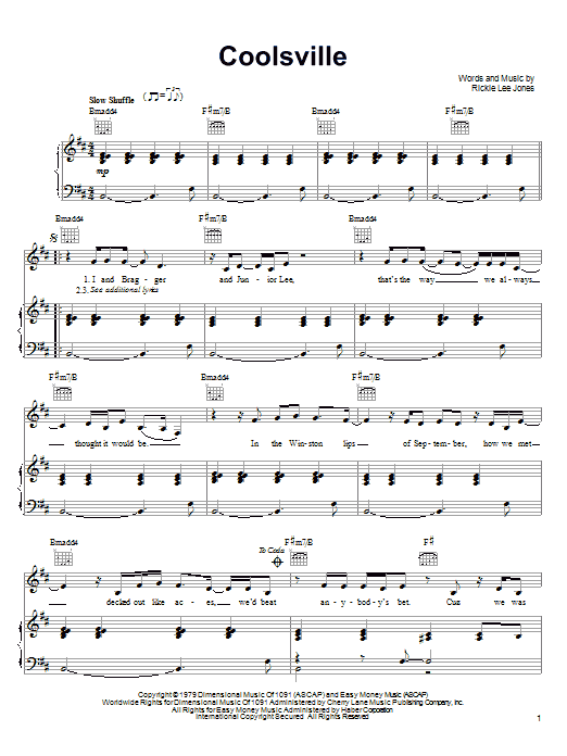 Download Rickie Lee Jones Coolsville Sheet Music and learn how to play Piano, Vocal & Guitar (Right-Hand Melody) PDF digital score in minutes