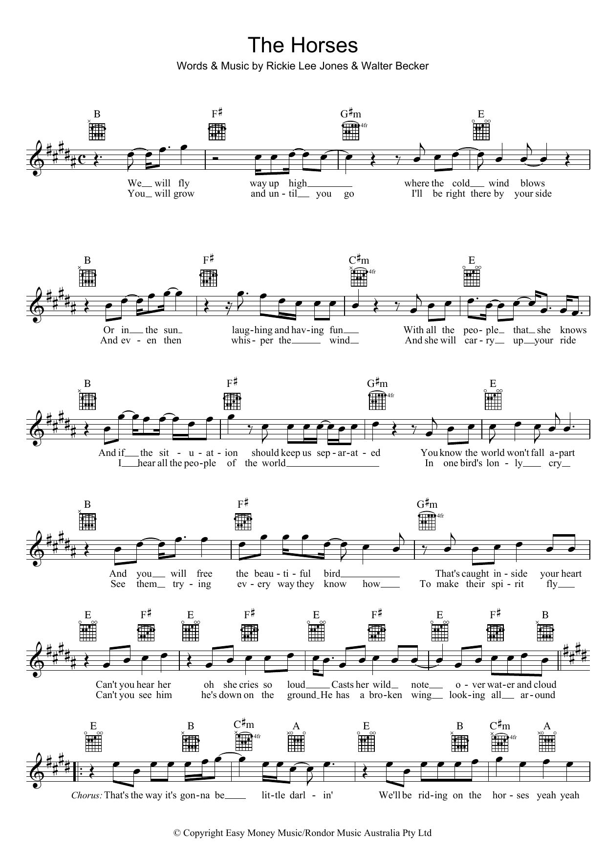 Download Rickie Lee Jones The Horses Sheet Music and learn how to play Melody Line, Lyrics & Chords PDF digital score in minutes