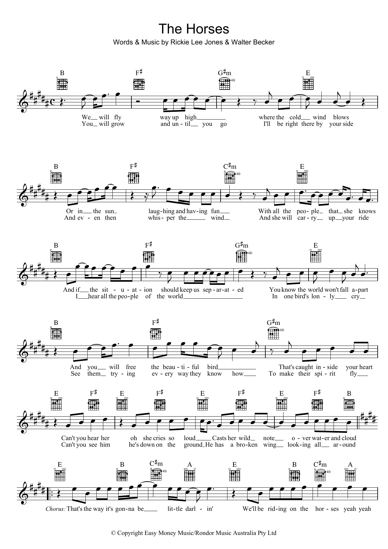 Download Rickie Lee Jones The Horses Sheet Music and learn how to play Piano, Vocal & Guitar (Right-Hand Melody) PDF digital score in minutes