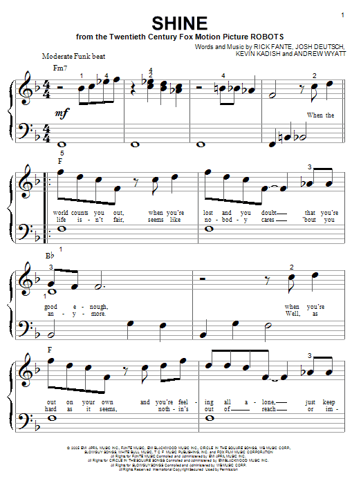 Download Ricky Fante Shine (from Robots) Sheet Music and learn how to play 5-Finger Piano PDF digital score in minutes