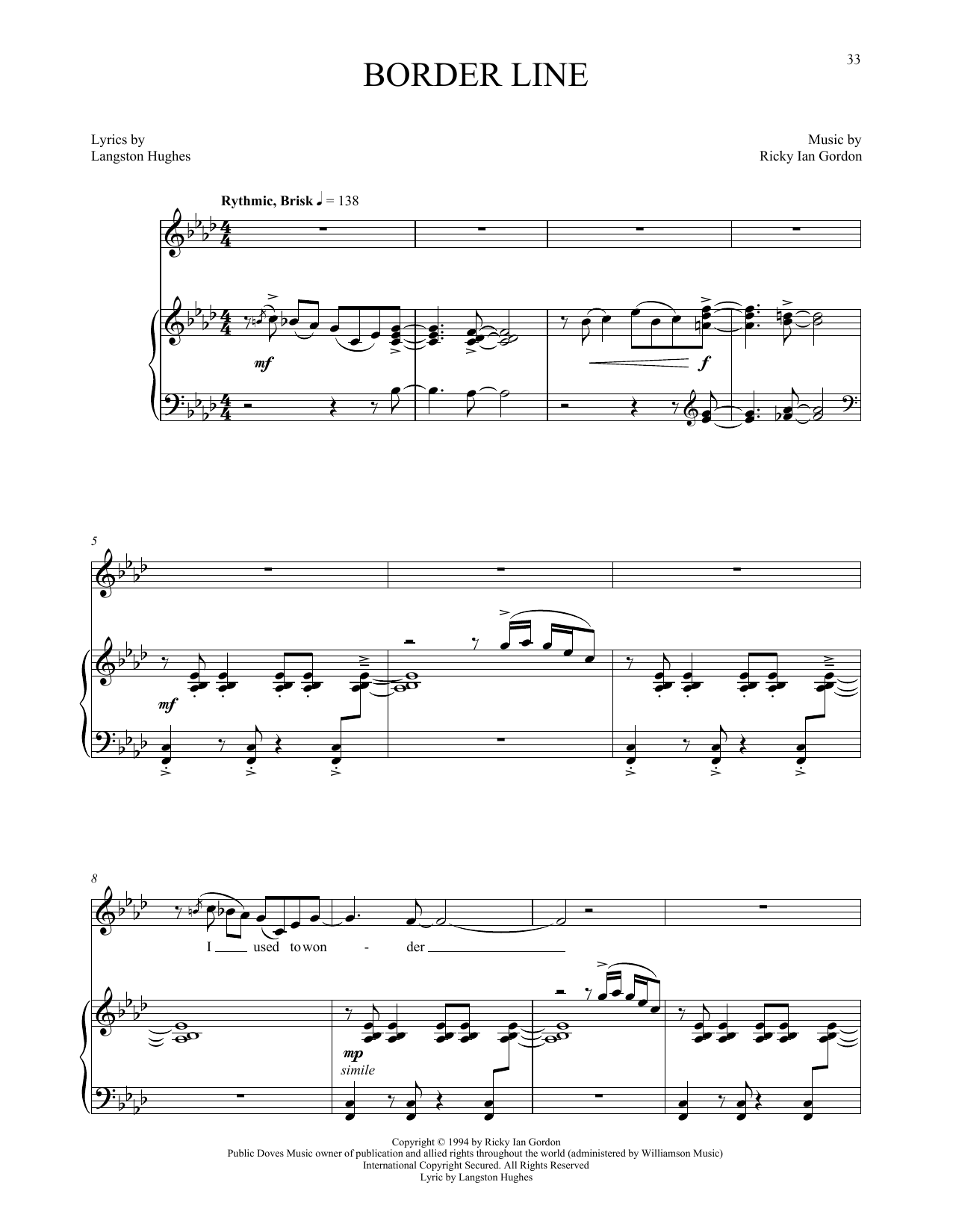 Download Ricky Ian Gordon Border Line Sheet Music and learn how to play Piano & Vocal PDF digital score in minutes