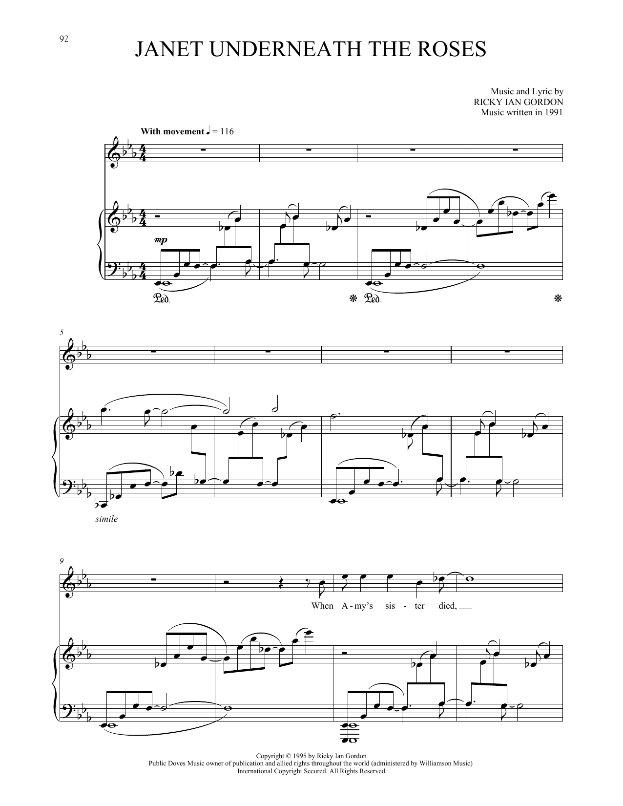 Download Ricky Ian Gordon Janet Underneath The Roses Sheet Music and learn how to play Piano & Vocal PDF digital score in minutes