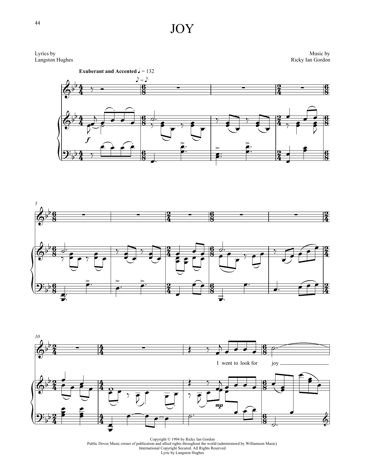 Download Ricky Ian Gordon Joy Sheet Music and learn how to play Piano & Vocal PDF digital score in minutes