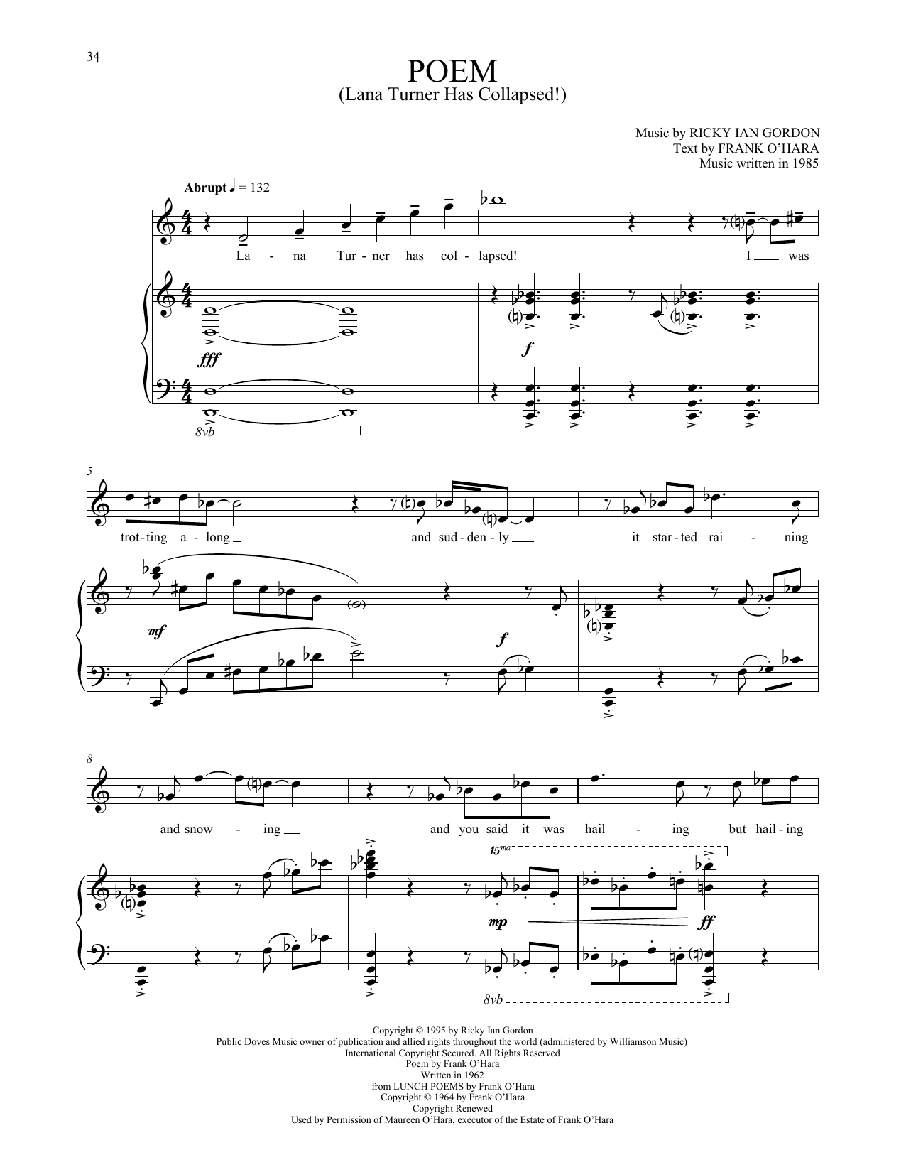 Download Ricky Ian Gordon Poem (Lana Turner Has Collapsed!) Sheet Music and learn how to play Piano & Vocal PDF digital score in minutes