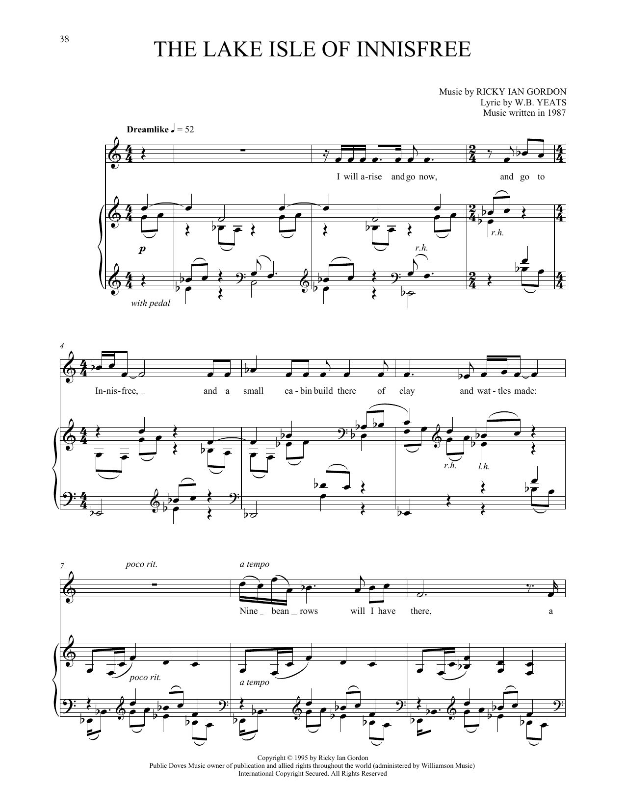 Download Ricky Ian Gordon The Lake Isle Of Innisfree Sheet Music and learn how to play Piano & Vocal PDF digital score in minutes