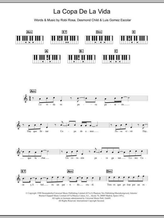 Download Ricky Martin La Copa De La Vida (The Cup Of Life) Sheet Music and learn how to play Keyboard PDF digital score in minutes
