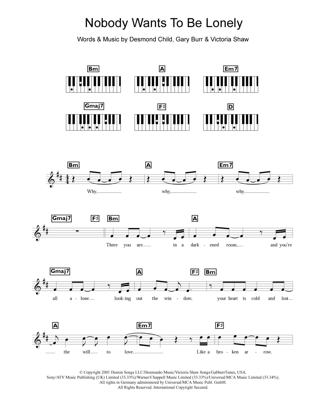 Download Ricky Martin Nobody Wants To Be Lonely Sheet Music and learn how to play Piano Chords/Lyrics PDF digital score in minutes