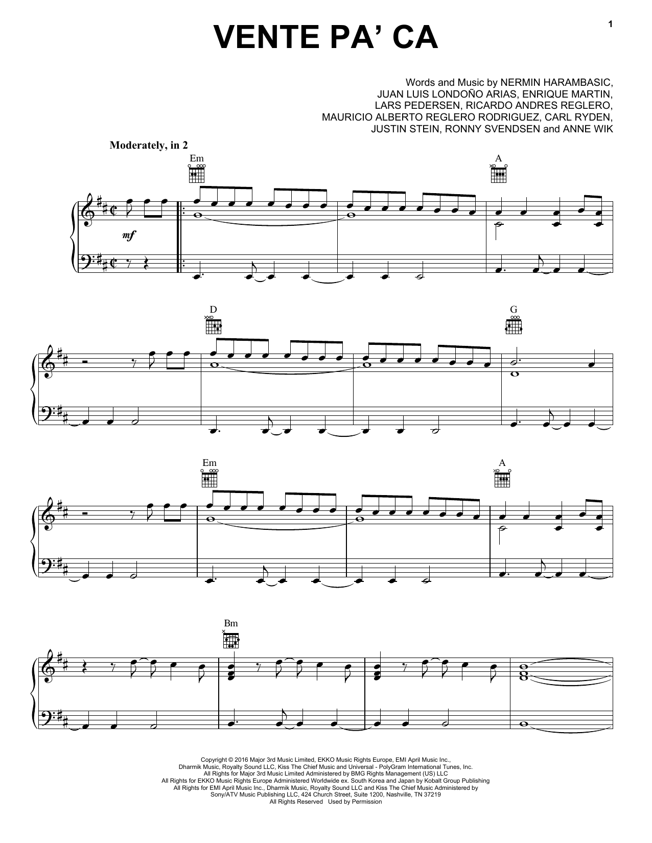 Download Ricky Martin Vente Pa' Ca (Feat. Maluma) Sheet Music and learn how to play Piano, Vocal & Guitar Chords (Right-Hand Melody) PDF digital score in minutes