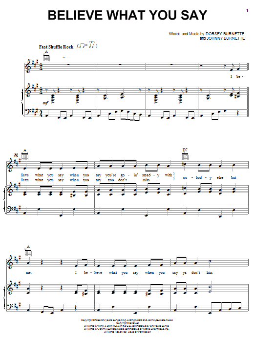 Download Ricky Nelson Believe What You Say Sheet Music and learn how to play Piano, Vocal & Guitar (Right-Hand Melody) PDF digital score in minutes