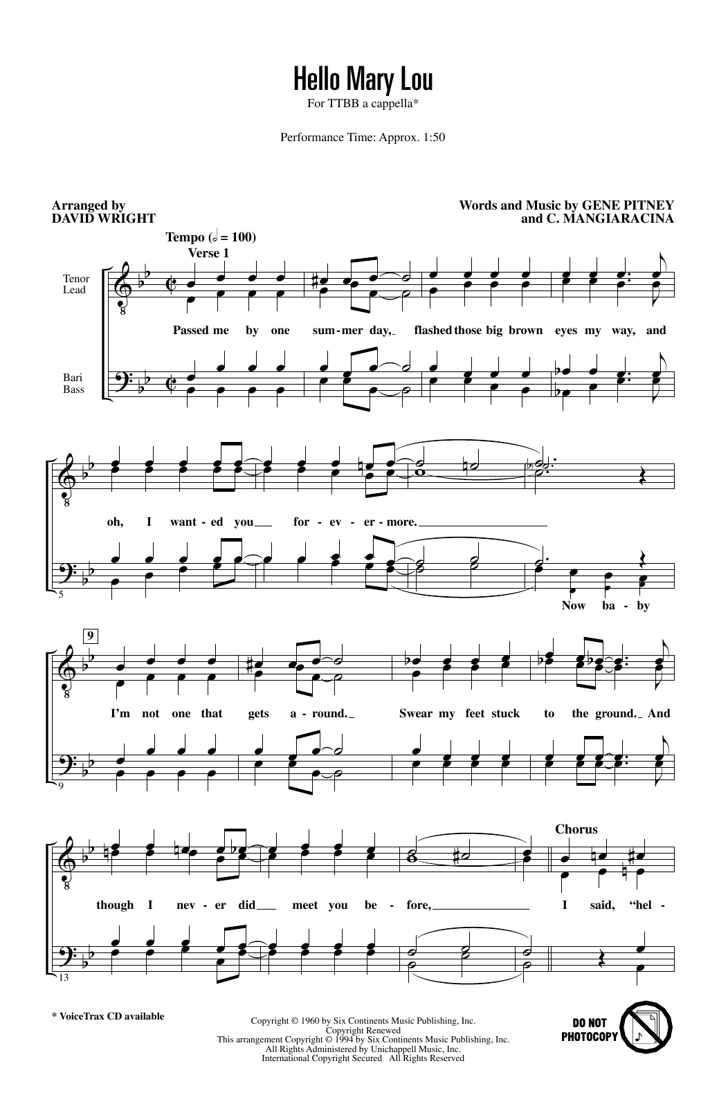Download Ricky Nelson Hello Mary Lou (arr. David Wright) Sheet Music and learn how to play TTBB Choir PDF digital score in minutes