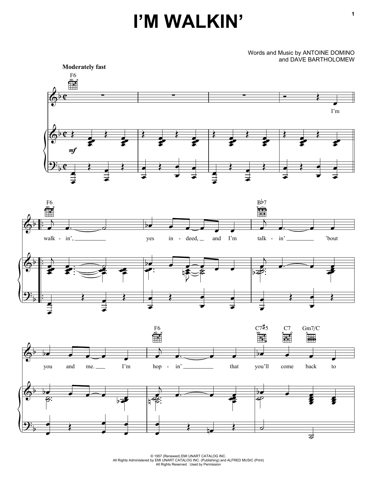 Download Ricky Nelson I'm Walkin' Sheet Music and learn how to play Melody Line, Lyrics & Chords PDF digital score in minutes