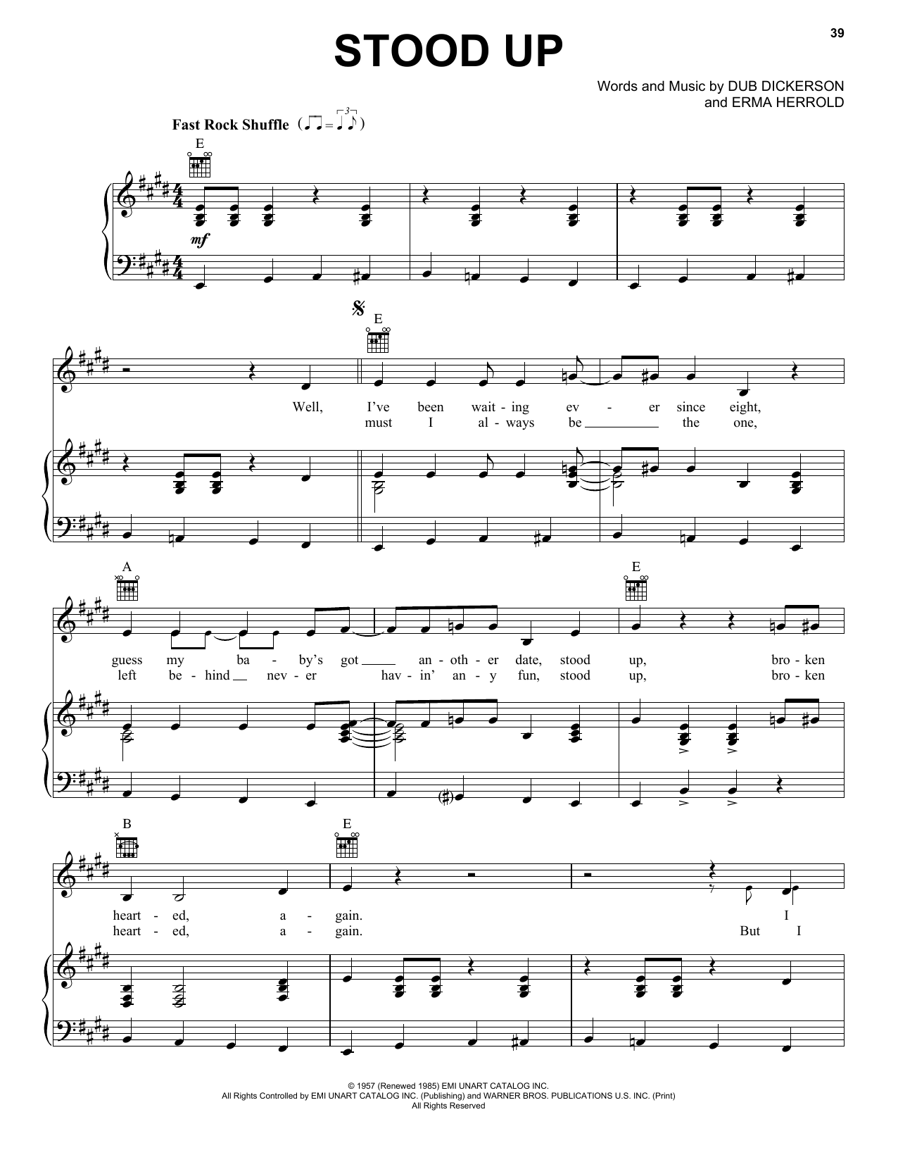 Download Ricky Nelson Stood Up Sheet Music and learn how to play Piano, Vocal & Guitar Chords (Right-Hand Melody) PDF digital score in minutes