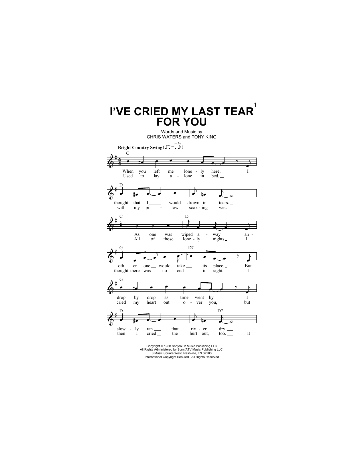 Download Ricky Van Shelton I've Cried My Last Tear For You Sheet Music and learn how to play Melody Line, Lyrics & Chords PDF digital score in minutes