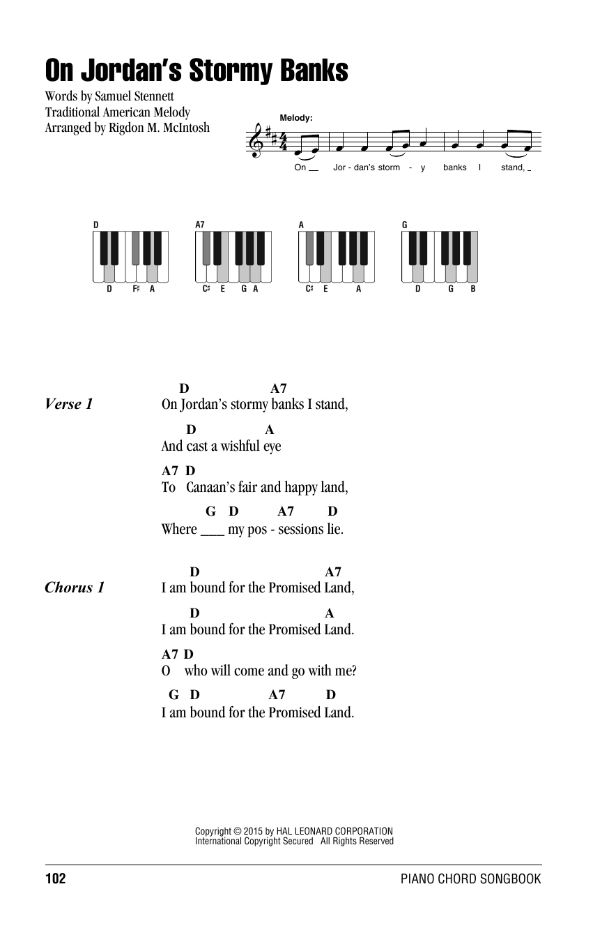 Download Traditional American Folksong On Jordan's Stormy Banks Sheet Music and learn how to play Lyrics & Piano Chords PDF digital score in minutes
