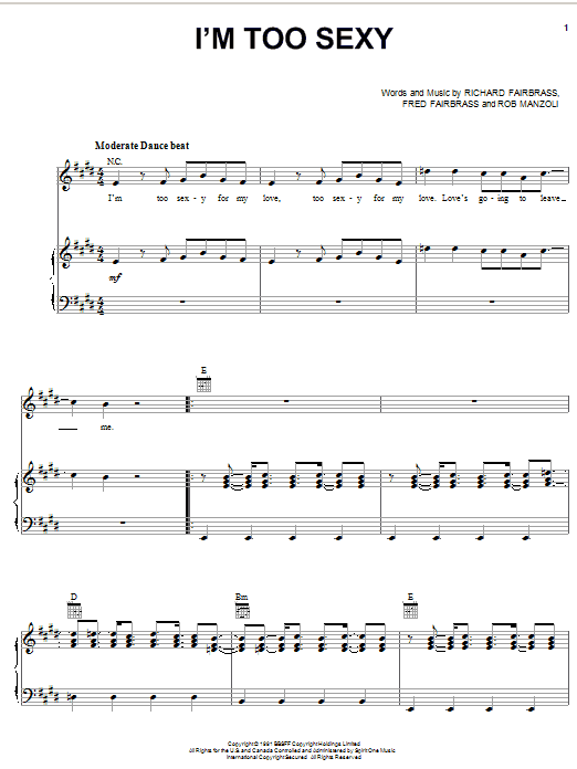 Download Right Said Fred I'm Too Sexy Sheet Music and learn how to play Piano, Vocal & Guitar (Right-Hand Melody) PDF digital score in minutes