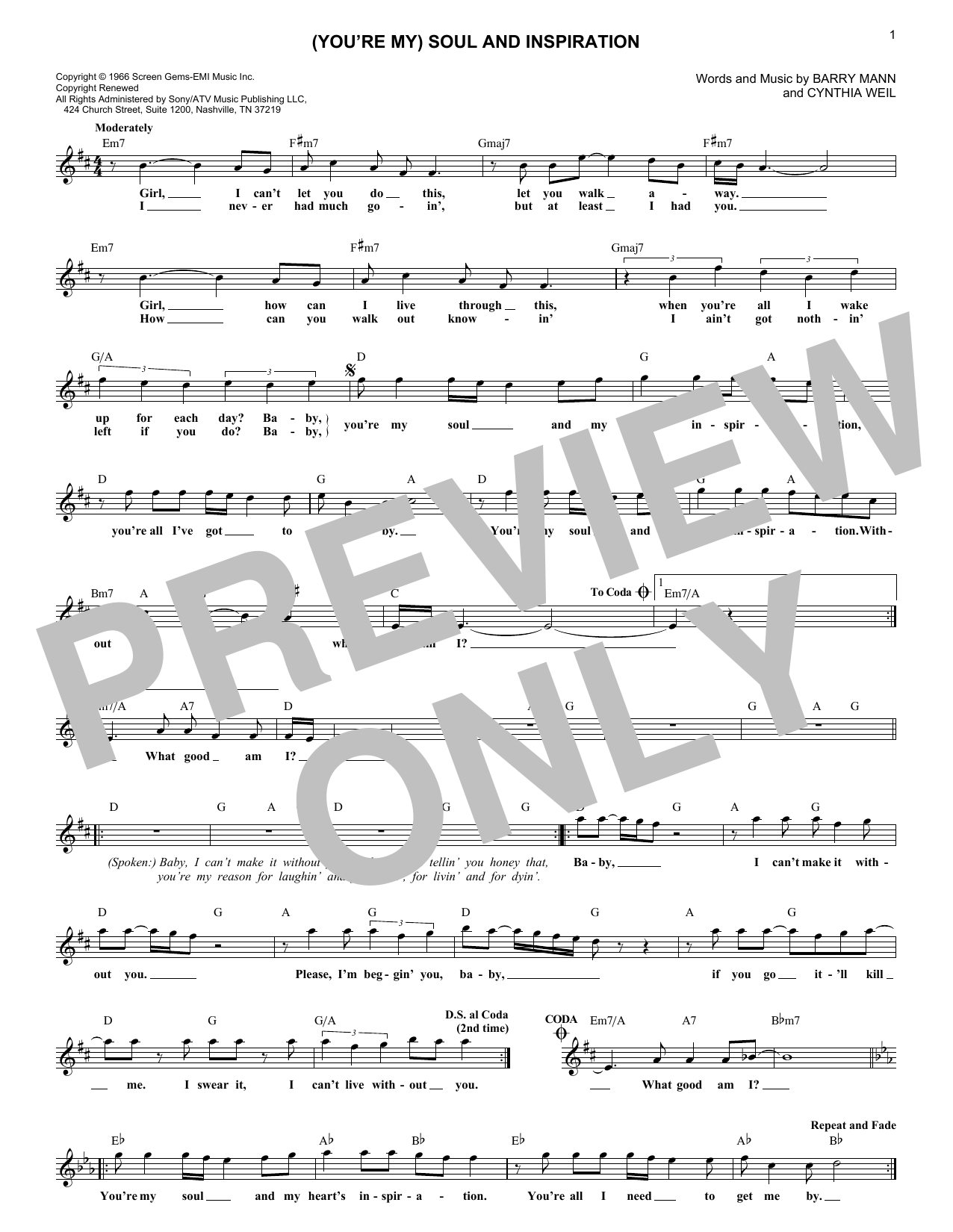 Download Righteous Brothers (You're My) Soul And Inspiration Sheet Music and learn how to play Real Book – Melody, Lyrics & Chords PDF digital score in minutes