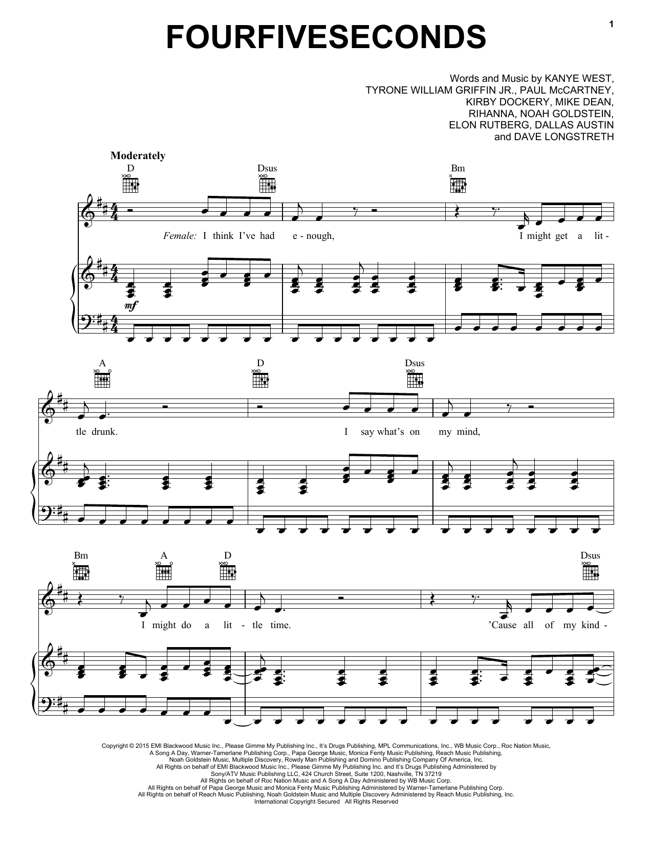 Download Rihanna FourFiveSeconds (feat. Kanye West and Paul McCartney) Sheet Music and learn how to play Piano, Vocal & Guitar (Right-Hand Melody) PDF digital score in minutes