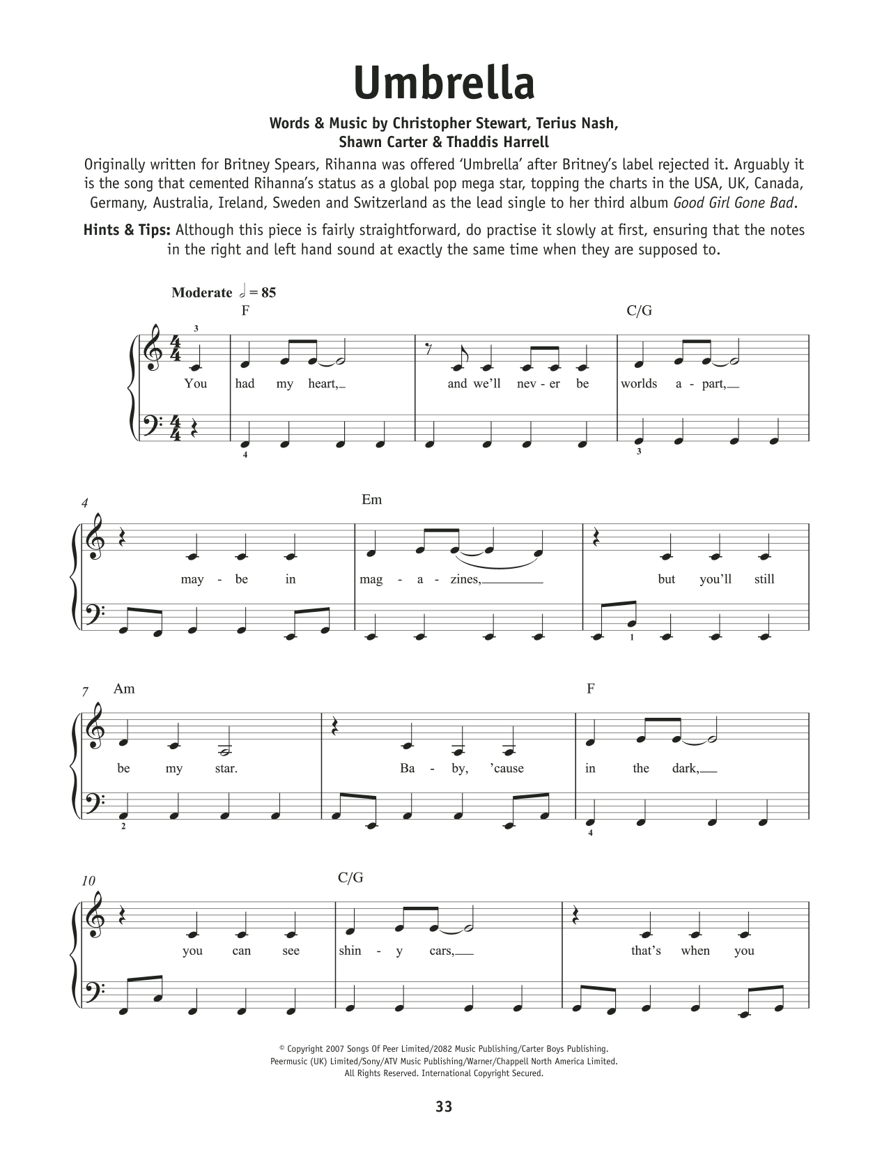 Download Rihanna and Jay-Z Umbrella Sheet Music and learn how to play Really Easy Piano PDF digital score in minutes