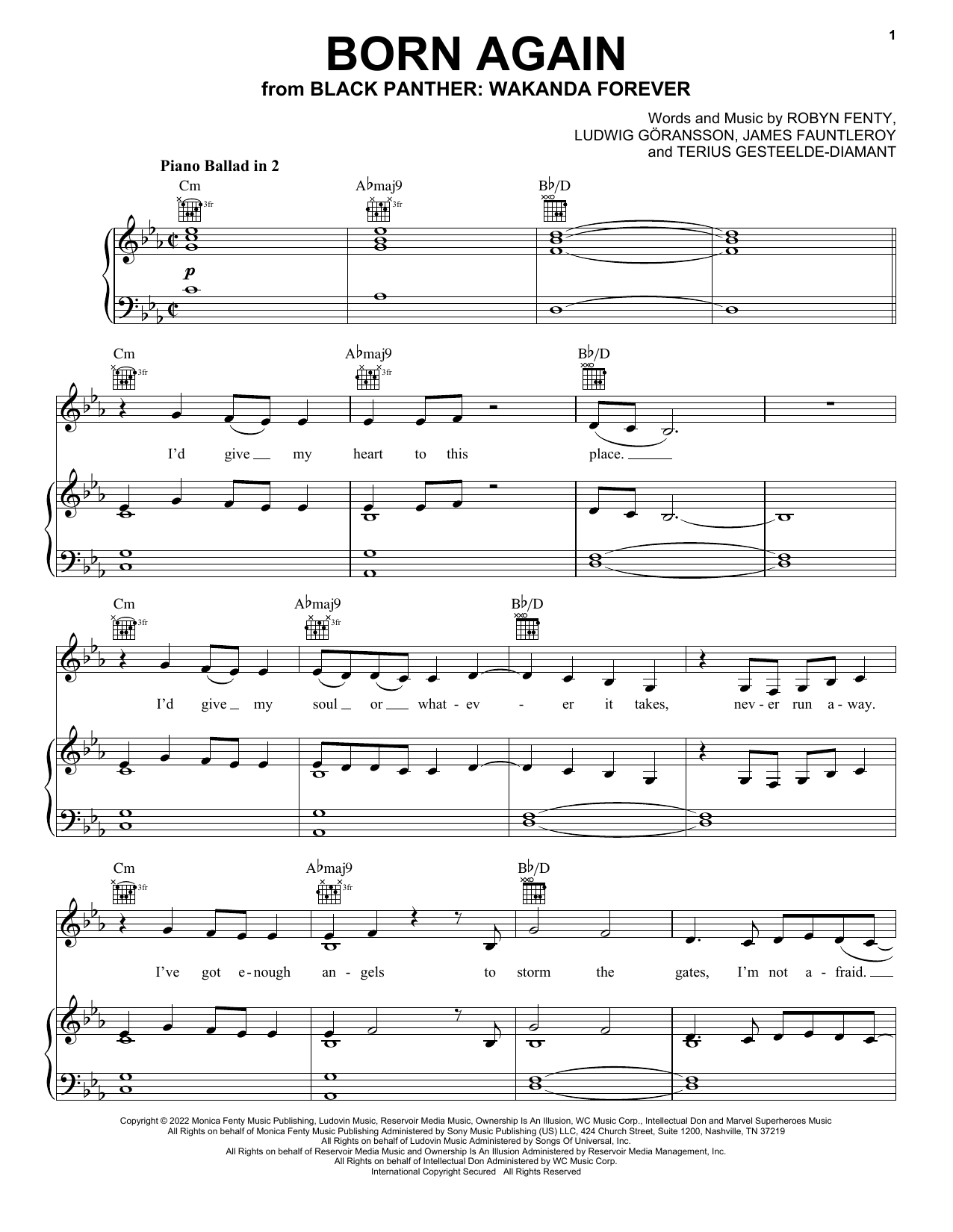 Download Rihanna Born Again (from Black Panther: Wakanda Forever) Sheet Music and learn how to play Piano, Vocal & Guitar Chords (Right-Hand Melody) PDF digital score in minutes