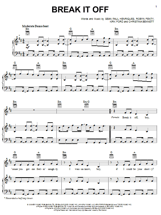 Download Rihanna Break It Off Sheet Music and learn how to play Piano, Vocal & Guitar (Right-Hand Melody) PDF digital score in minutes