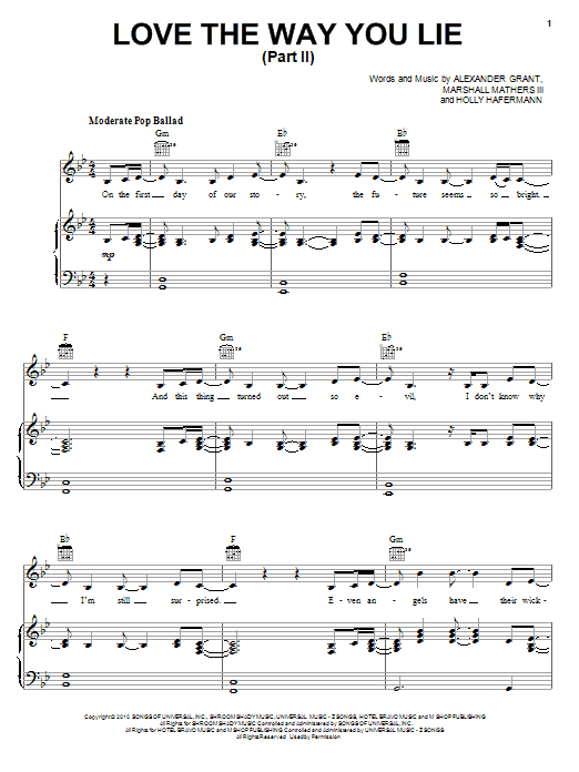 Download Rihanna Love The Way You Lie, Pt. 2 (feat. Eminem) Sheet Music and learn how to play Piano, Vocal & Guitar (Right-Hand Melody) PDF digital score in minutes