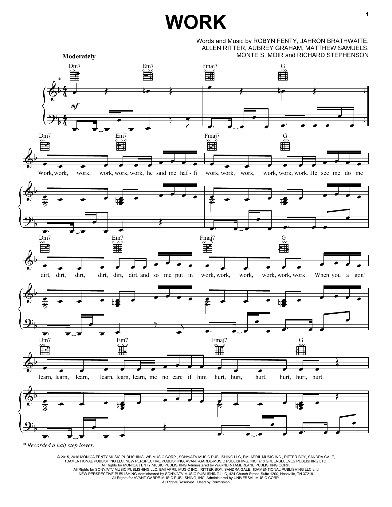 Download Rihanna featuring Drake Work Sheet Music and learn how to play Piano, Vocal & Guitar (Right-Hand Melody) PDF digital score in minutes
