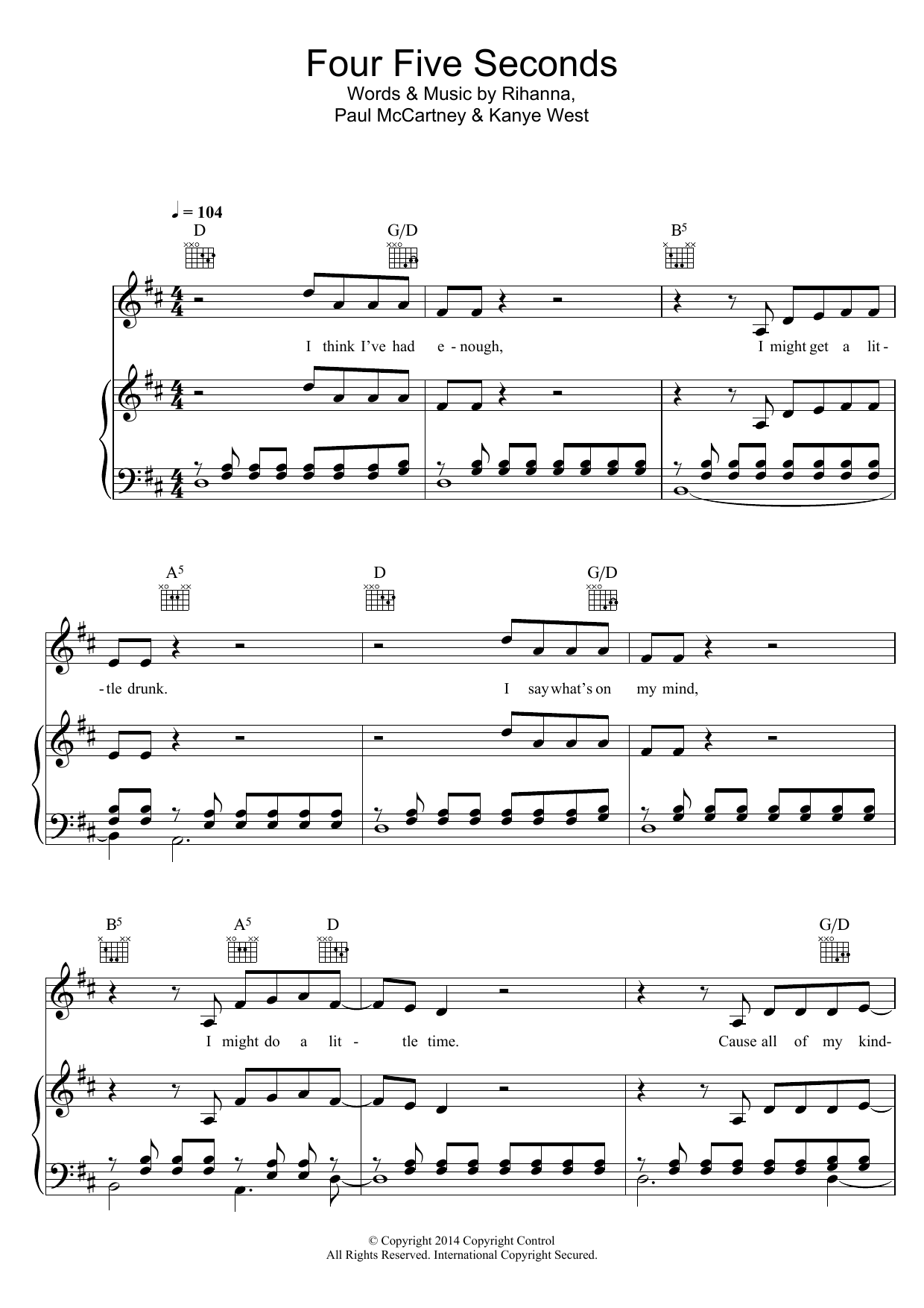 Download Rihanna FourFiveSeconds (feat. Kanye West and Paul McCartney) Sheet Music and learn how to play Easy Piano PDF digital score in minutes