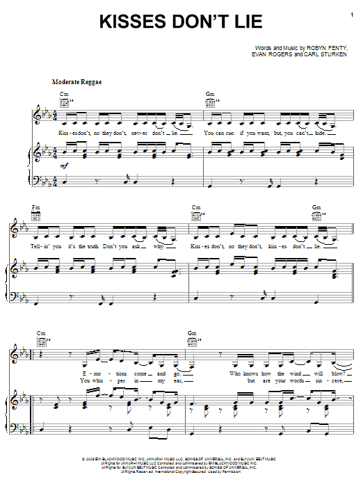 Download Rihanna Kisses Don't Lie Sheet Music and learn how to play Piano, Vocal & Guitar (Right-Hand Melody) PDF digital score in minutes