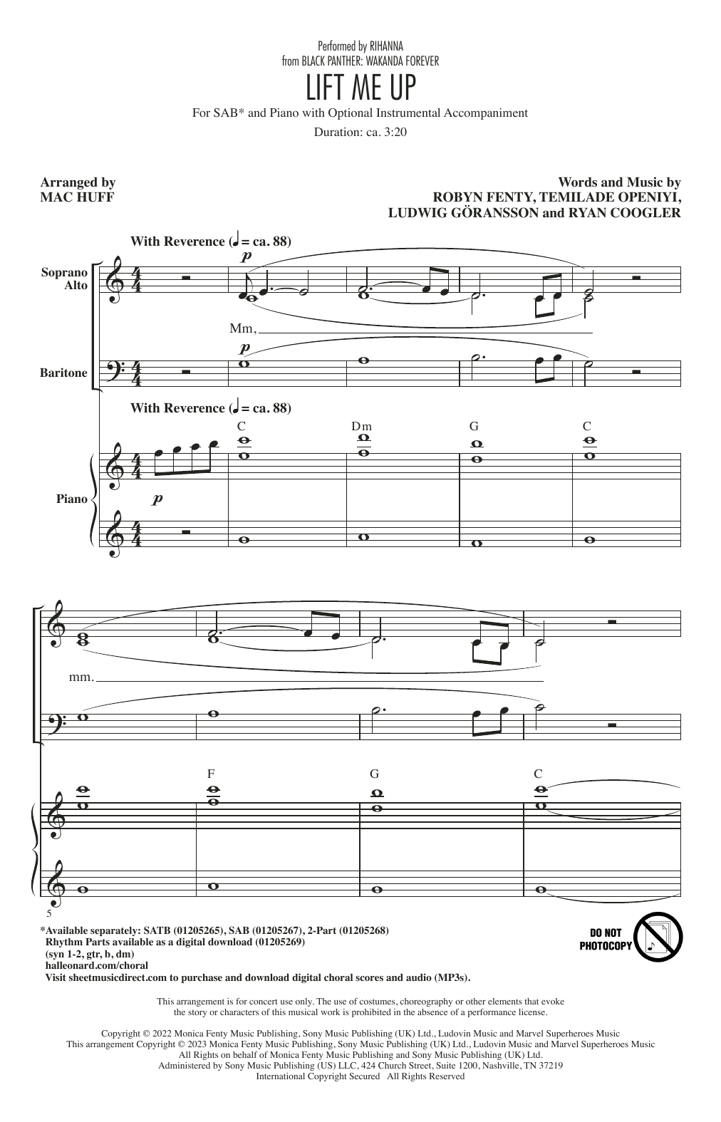 Download Rihanna Lift Me Up (from Black Panther: Wakanda Forever) (arr. Mac Huff) Sheet Music and learn how to play SAB Choir PDF digital score in minutes