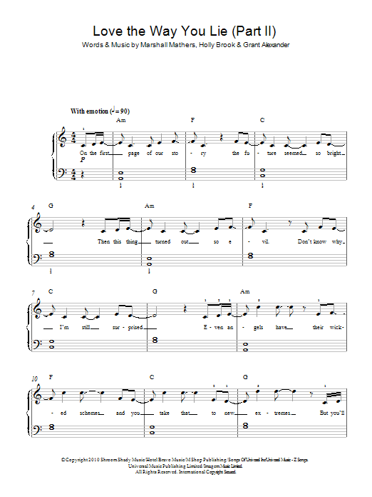 Download Rihanna Love The Way You Lie, Part II (feat. Eminem) Sheet Music and learn how to play Beginner Piano PDF digital score in minutes