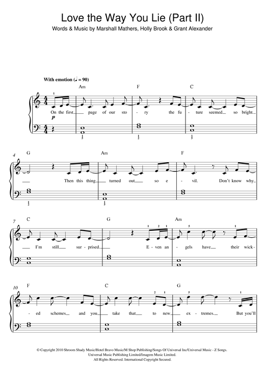 Download Rihanna Love The Way You Lie, Part II (feat. Eminem) Sheet Music and learn how to play Beginner Piano PDF digital score in minutes