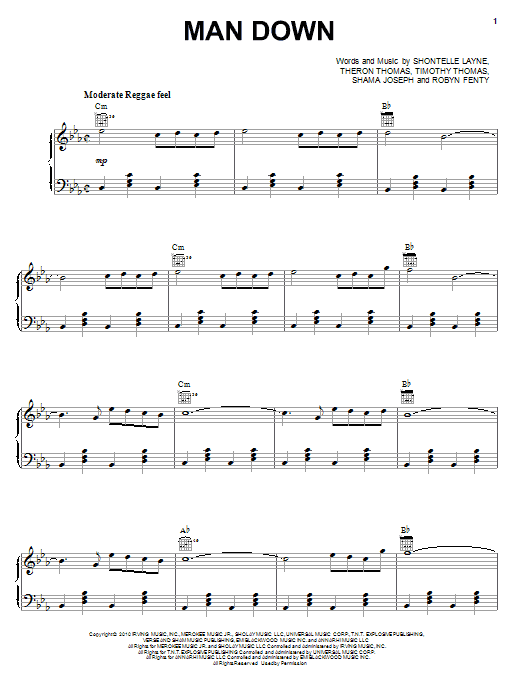 Download Rihanna Man Down Sheet Music and learn how to play Piano, Vocal & Guitar (Right-Hand Melody) PDF digital score in minutes