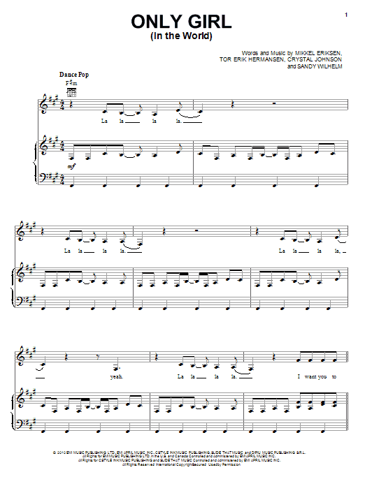 Download Rihanna Only Girl (In The World) Sheet Music and learn how to play Piano, Vocal & Guitar PDF digital score in minutes