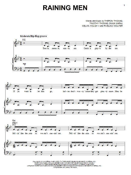 Download Rihanna Raining Men Sheet Music and learn how to play Piano, Vocal & Guitar (Right-Hand Melody) PDF digital score in minutes