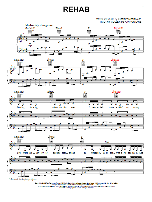 Download Rihanna Rehab Sheet Music and learn how to play Piano, Vocal & Guitar (Right-Hand Melody) PDF digital score in minutes