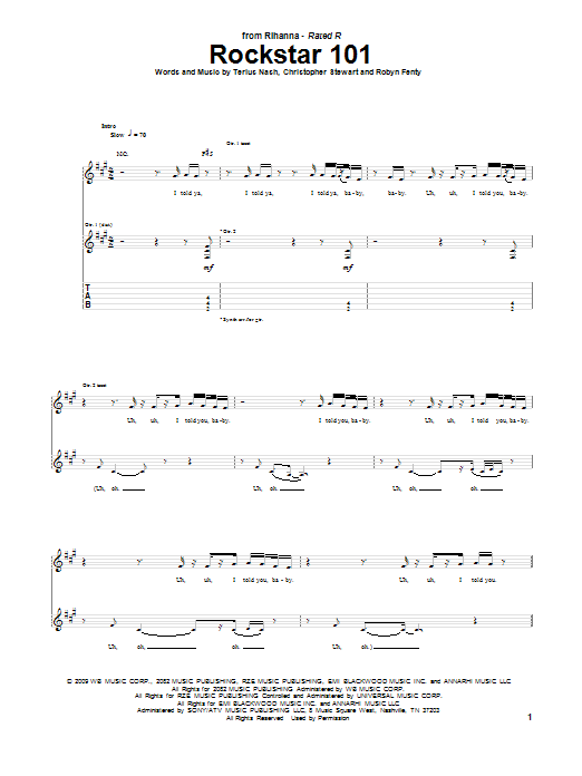 Download Rihanna Rockstar 101 Sheet Music and learn how to play Guitar Tab PDF digital score in minutes