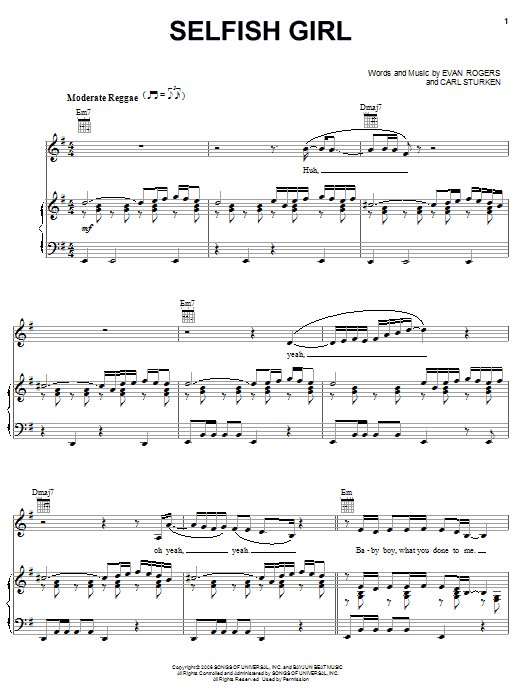 Download Rihanna Selfish Girl Sheet Music and learn how to play Piano, Vocal & Guitar (Right-Hand Melody) PDF digital score in minutes
