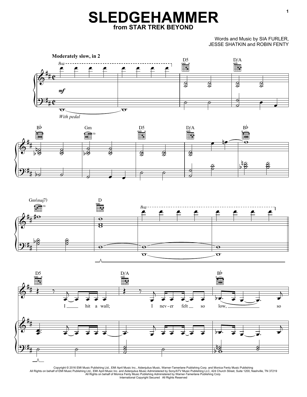 Download Rihanna Sledgehammer Sheet Music and learn how to play Piano, Vocal & Guitar (Right-Hand Melody) PDF digital score in minutes