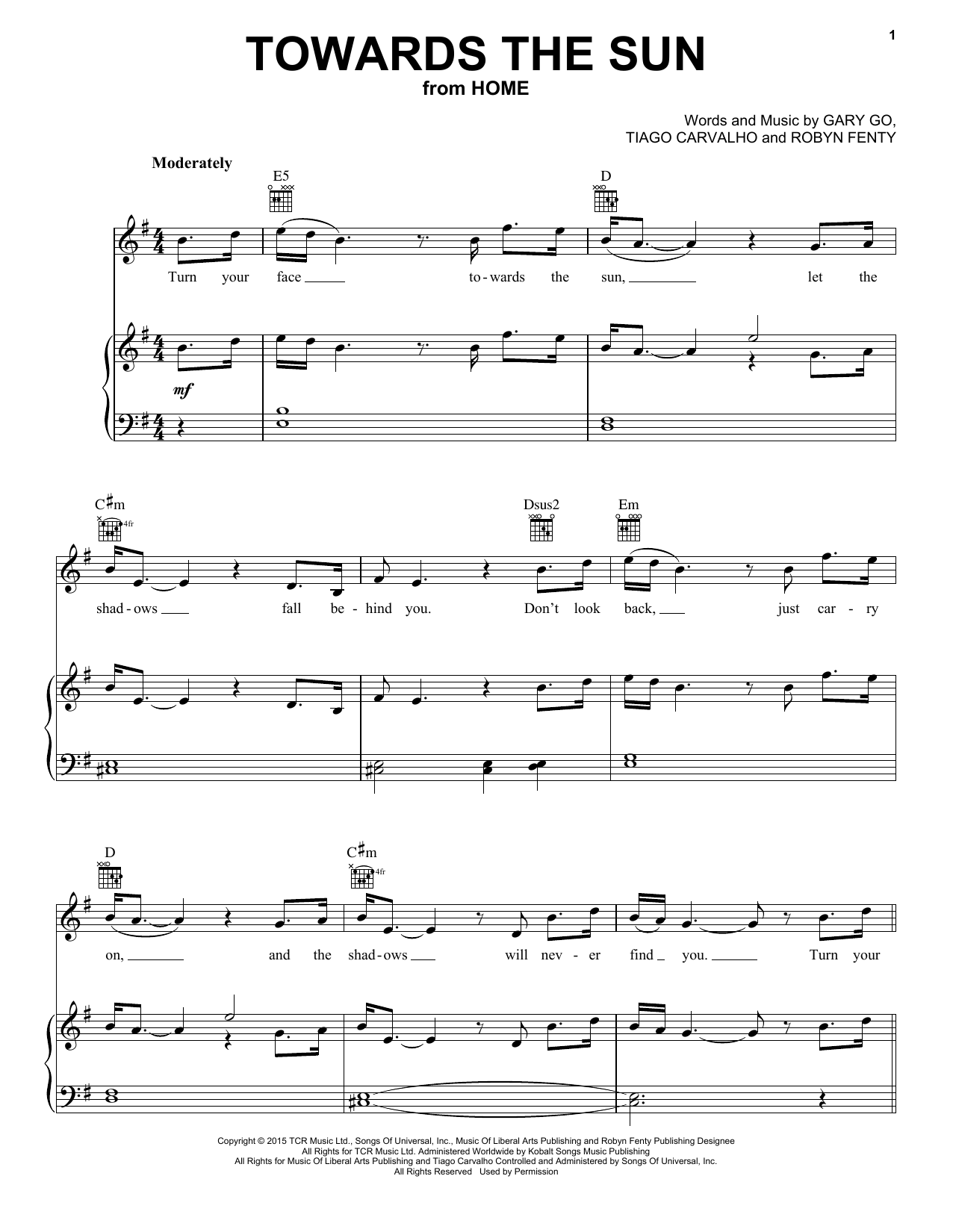 Download Rihanna Towards The Sun Sheet Music and learn how to play Piano, Vocal & Guitar (Right-Hand Melody) PDF digital score in minutes