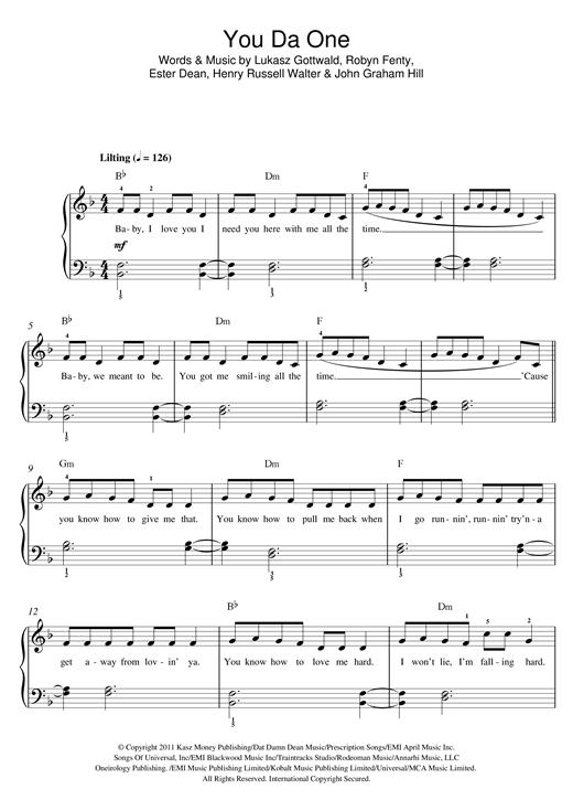 Rihanna You Da One Sheet Music Notes Chords Keyboard Download R B Pdf