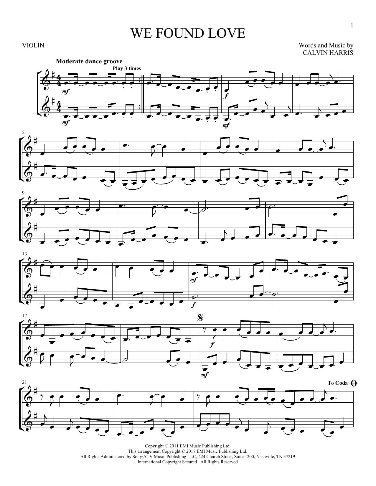 Rihanna Featuring Calvin Harris We Found Love Sheet Music Notes 