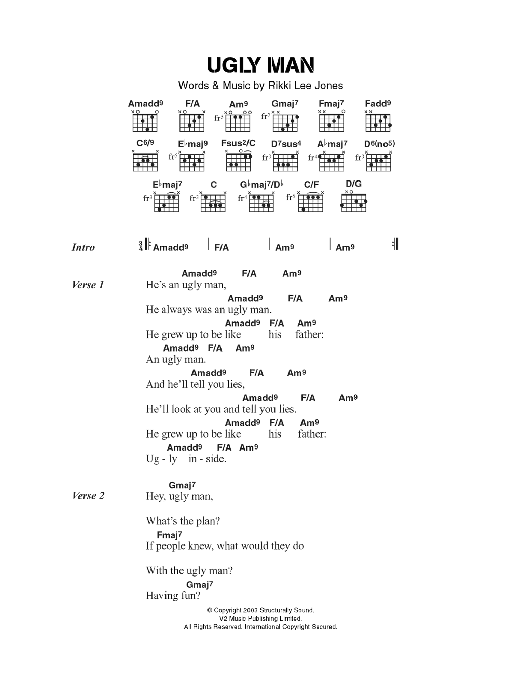 Download Rikki Lee Jones Ugly Man Sheet Music and learn how to play Lyrics & Chords PDF digital score in minutes