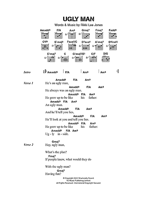 Download Rikki Lee Jones Ugly Man Sheet Music and learn how to play Lyrics & Chords PDF digital score in minutes