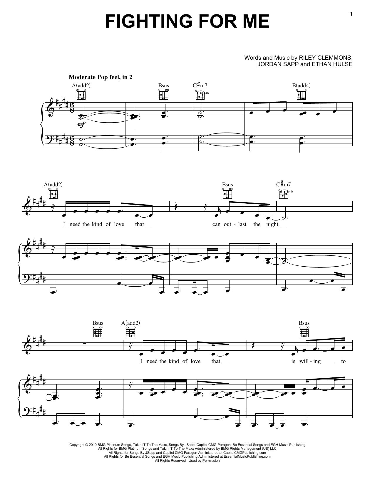 Download Riley Clemmons Fighting For Me Sheet Music and learn how to play Piano, Vocal & Guitar Chords (Right-Hand Melody) PDF digital score in minutes