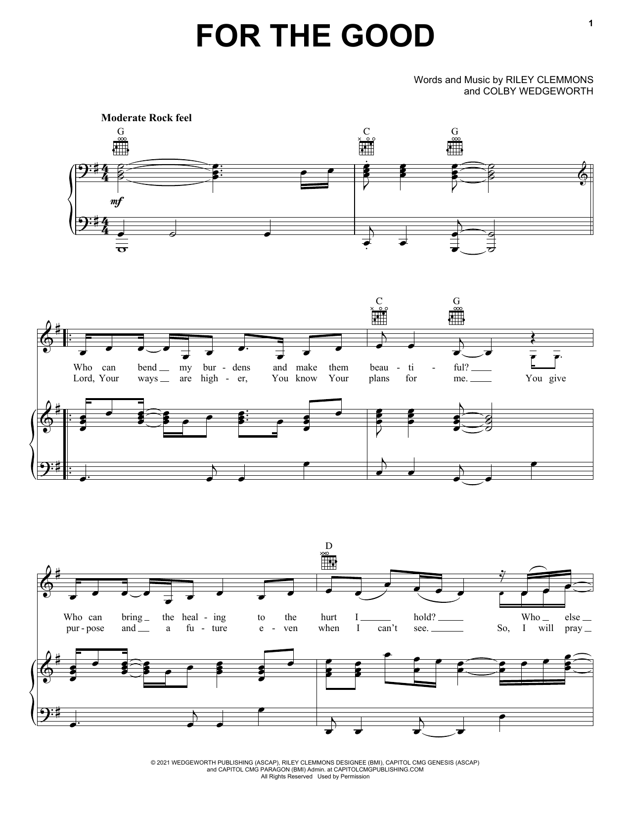 Download Riley Clemmons For The Good Sheet Music and learn how to play Piano, Vocal & Guitar Chords (Right-Hand Melody) PDF digital score in minutes
