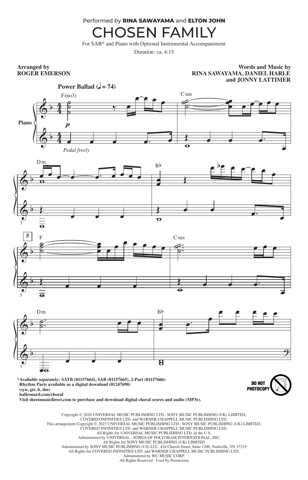 Download Rina Sawayama and Elton John Chosen Family (arr. Roger Emerson) Sheet Music and learn how to play 2-Part Choir PDF digital score in minutes